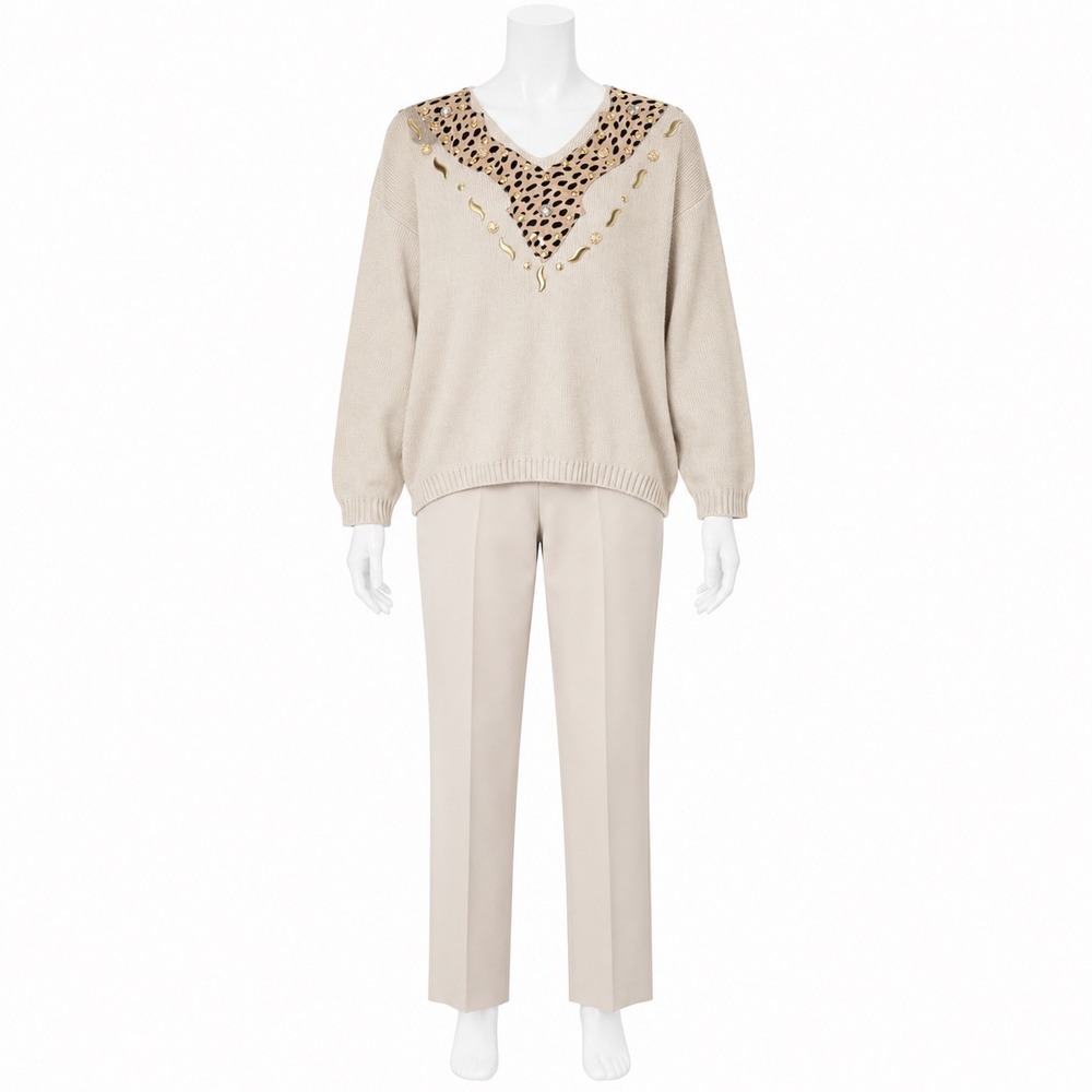 Marshall Rousso Sweater Pant Set Women OS Beige Leopard Embellished Bead Vintage